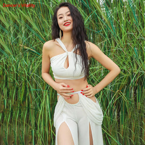 Belly Dance Costume Women's Black Halter Crop Top and High Slit Skirt with Rhinestone Belt, Sparkly Lurex Fabric