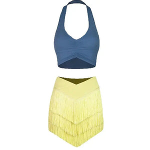 Women's Halter Neck Ruched Crop Top & Layered Fringe Latin Dance Skirt Set