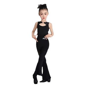 Girls Black Mesh Cutout Sleeveless Leotard Flared Dance Pants Set Latin Ballroom