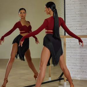 Women's Burgundy & Black Fringe Latin Dance Top and Shorts Set, Long Sleeve Sweetheart Crop Top, High Waist Fringe Shorts