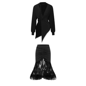 Latin Dance Dress Women's Black Long Sleeve Asymmetrical Top with Tie-Front, Ruched Fringe Sequin Skirt Set