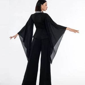Women's Black Checkered Collar Bell Sleeve Flowy Top & Wide Leg Pants Latin Dancewear
