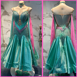 Ballroom Dance Dress Women's Mint Green & Pink Sequin Feather Satin Smooth Standard Gown