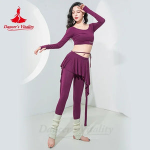 Belly Dance Practice Set Women's Teal Green Long Sleeve Crop Top with Skirted Leggings and Ribbed Leg Warmers