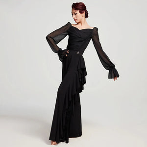 Women's Black & White Chiffon & Spandex Ruffled Wide-Leg Ballroom Dance Pants & Blouse Set