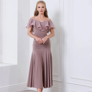 Women's Black Off-Shoulder Ruffled Ruched Ballroom Dance Dress, Light Blue Off-Shoulder Ruffled Ruched Ballroom Dance Dress, Mauve Off-Shoulder Ruffled Ruched Ballroom Dance Dress
