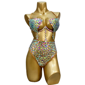 Belly Dance Costume Women's Iridescent Sequin & Rhinestone Bra and High-Waisted Briefs Set - Latin Samba Rave Performance