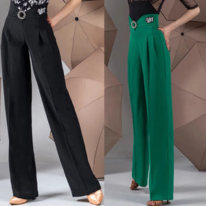 Women's Black & Green High Waist Pleated Wide Leg Ballroom Dance Pants