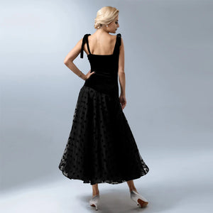 Women's Black Velvet Polka Dot Mesh Ballroom Dance Dress with Tie Straps