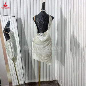 Women's Latin Ballroom Competition Dress With AB Rhinestones Sleeveless Mesh White