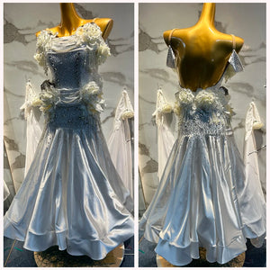 Ballroom Dance Dress Women's White Embellished Floral Beaded Satin Standard Smooth