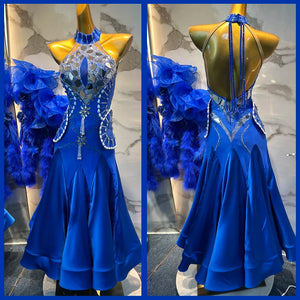 Women's Blue Halter Sequin Feather Open Back Ballroom Dance Dress