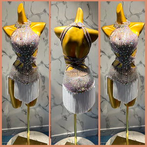 Latin Dance Dress Women White Fringe Rhinestone Halter Neck Cutout Backless Sequin Ballroom Samba Rumba Cha Cha Costume