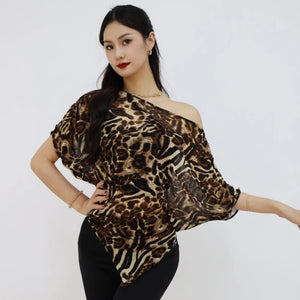 Women's Brown Leopard Print Off-Shoulder Batwing Sleeve Latin Dance Top