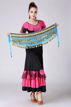 Belly Dance Hip Scarf, Women's Green Sequin & Coin Fringe Velvet & Chiffon Belly Dance Hip Scarf