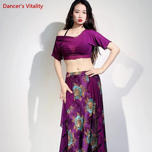 Women's Purple Floral Asymmetrical Skirt and Sheer Crop Top Belly Dance Costume