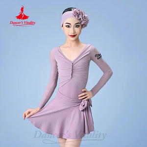 Girls' Lavender Long Sleeve V-Neck Ruched Leotard with Skirt and Headband, Mesh Sleeves, Latin Dance Dress