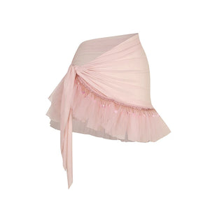 Women's Pink V-Neck Long Sleeve Bodysuit with Ruffled Sequin Wrap Skirt Latin Dance Dress