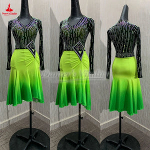 Women's Lime Green Ombre Rhinestone Mesh Latin Dance Dress