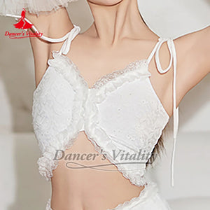 Women's White Lace Ruffled Crop Top Latin Dance Bra, Women's Black Sequin Lace Camisole Latin Dance Top
