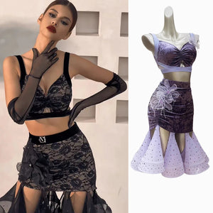 Women's Black Lace Velvet Mesh Latin Ballroom Dance Crop Top and Skirt Set with Slit Hem, Floral Applique