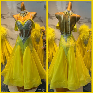 Women's Yellow Ballroom Dance Dress with Rhinestones, Off-Shoulder Sleeves, and Feather Detailing