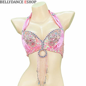 Belly Dance Bra Top, Women's Red Sequin & Beaded Halter Top with Fringe, Belly Dancing Costume