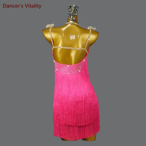 Women's Hot Pink Fringe Sequin Spaghetti Strap Latin Dance Dress