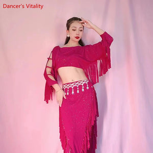 Women's Fuchsia Sequin Fringe Off-Shoulder Crop Top & Skirt Belly Dance Costume
