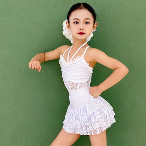 Girls' White Halter Lace Ruffled Latin Dance Dress