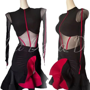 Women's Black & Red Mesh Cutout Latin Dance Dress with Open Back