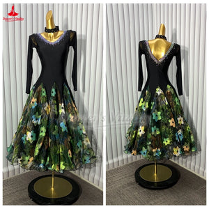 Women's Black Multi-Color Floral Ballroom Dance Dress with Long Sleeves and V-Neck Rhinestone Detail