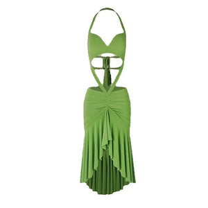 Women's Green and Black Halter Neck Cutout Ruffled Latin Dance Dress