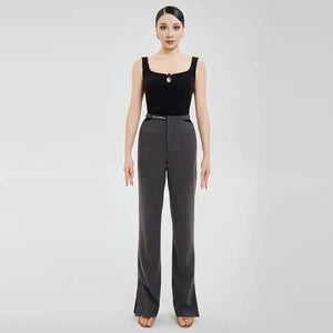 Women's Black and Beige Square Neck Bodysuit with Keyhole and Wide Leg Dance Trousers for Ballroom Dance