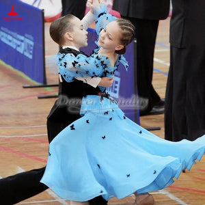 Ballroom Dance Dress Girls Blue Black Butterfly Mesh Long Sleeve Smooth Standard