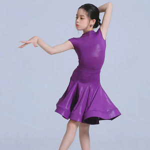 Kids Girls Latin Dance Dress, Short Sleeve Shiny Pleated Skirt Ballroom Salsa Rumba Dancewear