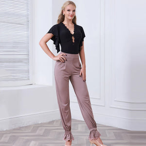 Dance Bodysuit Jumpsuit, Women's Black Lace Cutout Ruffled Sleeve Lycra Latin Dance Jumpsuit