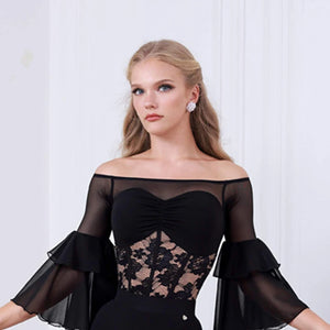 Women's Black Off-Shoulder Lace & Mesh Tiered Ruffle Sleeve Ballroom Dance Dress with Asymmetrical Ruffle Skirt