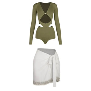 Women's Olive Green Long Sleeve Cutout Bodysuit with Gold Buckle, White Fringe Tie-Waist Skirt, Latin Dancewear