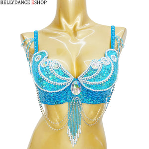 Women's Red Sequin & Pearl Beaded Belly Dance Bra Top with Shoulder & Waist Chains