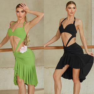 Women's Green and Black Halter Neck Cutout Ruffled Latin Dance Dress