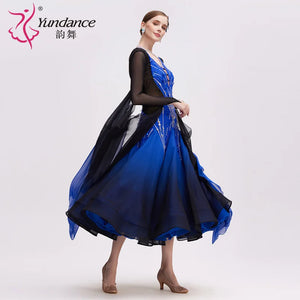 Women's International Standard Ballroom Dance Dress In Black-Blue Ombre Chiffon For Competition
