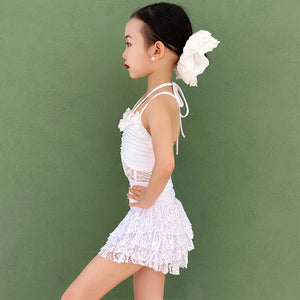 Girls' White Halter Lace Ruffled Latin Dance Dress