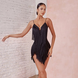 Women's Aqua, Red, Sage Green, Black Fringe V-Neck Spaghetti Strap Latin Salsa Dance Dress