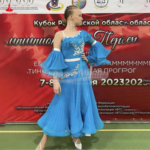 Girls' Blue Standard Ballroom Dance Dress with White Lace Applique & Chiffon Sleeves