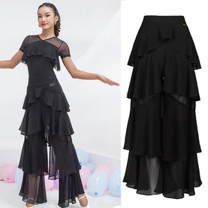 Women's Black Tiered Chiffon Latin Dance Pants
