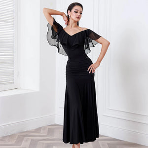 Women's Black Off-Shoulder Ruffled Ruched Ballroom Dance Dress, Light Blue Off-Shoulder Ruffled Ruched Ballroom Dance Dress, Mauve Off-Shoulder Ruffled Ruched Ballroom Dance Dress