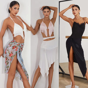Women's White Fringe Halter Top and Floral Lace Slit Skirt Latin Dancewear