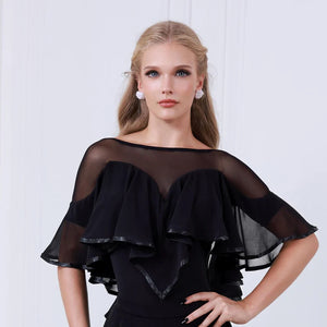 Women's Black Sheer Ruffle Ballroom Dance Top and Wide Leg Pants Set