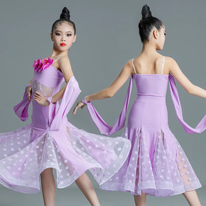 Kids Girls Latin Dance Dress, Red & Lavender Polka Dot Mesh Ruffle Salsa Ballroom Performance Costume